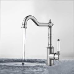 Clasico Vintage Hook Spout Sink Mixer Ceramic handle in Brushed Nickel - HYB868-102A-BN