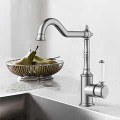 Clasico Vintage Hook Spout Sink Mixer Ceramic handle in Brushed Nickel - HYB868-102A-BN