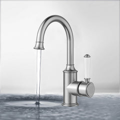 Clasico Gooseneck Basin Mixer Ceramic Handle in Brushed Nickel - HYB868-201A-BN