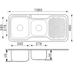 Cora 1 & 3/4 Bowl & Single Drainer Kitchen Sink 1080 x 480mm P1080LHB