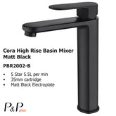Cora High Rise Basin Mixer Matt Black PBR2002LF-B