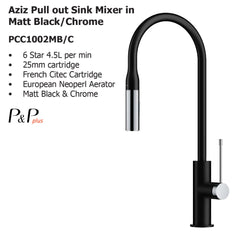 Aziz Pull out Sink Mixer in Matt Black/Chrome PCC1002MB/C