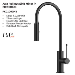 Aziz Pull out Sink Mixer in Matt Black PCC1002MB