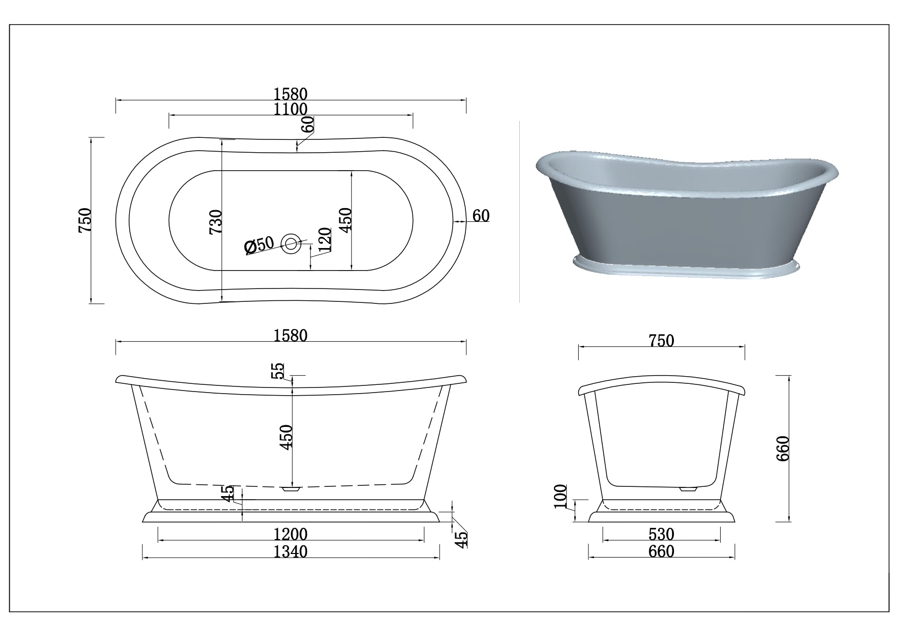 1580mm Hampton Matt White Freestanding Bath 5044-1580MW