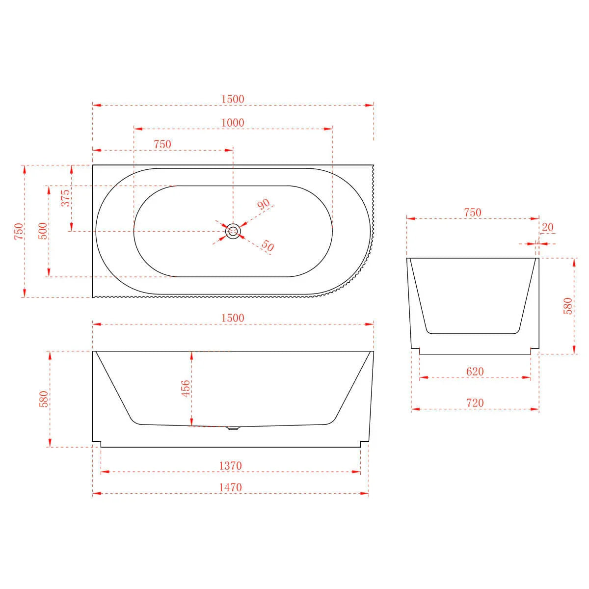 1500mm Fluted V Groove Corner Matt White Freestanding Bath