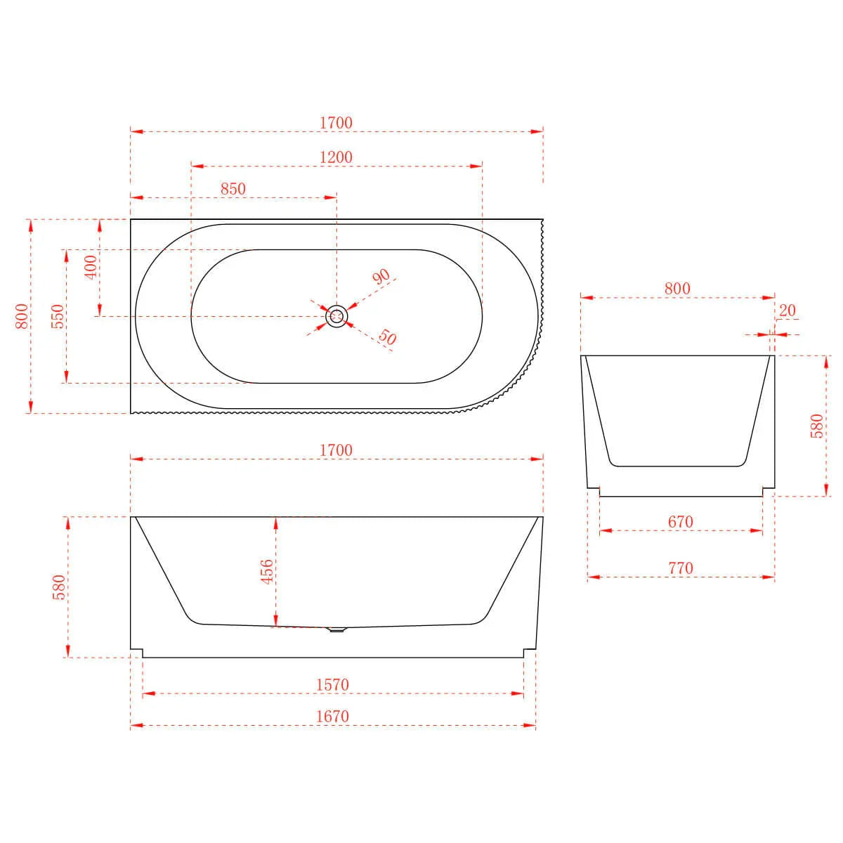 1700 mm Fluted V Groove Corner Matt White Freestanding Bath