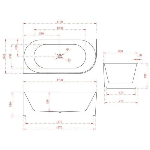 1700 mm Fluted V Groove Corner Matt Black Freestanding Bath