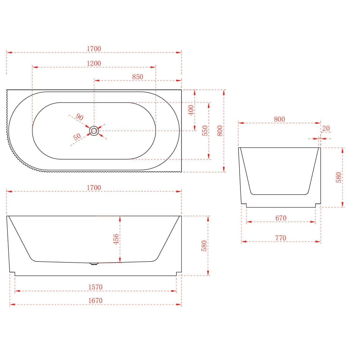 1700 mm Fluted V Groove Corner Matt Black Freestanding Bath