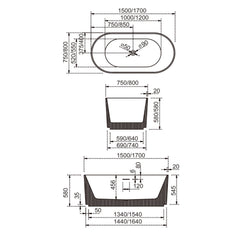 1700 mm Fluted V Groove Matt Black Freestanding Bath AVALON1700-MB