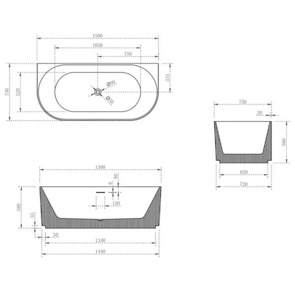 1500 mm Fluted V Groove Matt Black Back to Wall Freestanding Bath