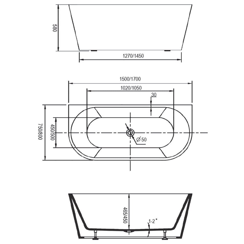 1700mm Miranda Back to Wall Freestanding Bath