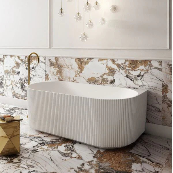 1700 mm Fluted V Groove Matt White Back to Wall Freestanding Bath