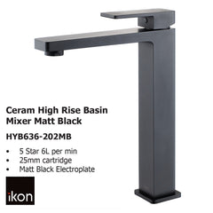 Ceram High Rise Basin Mixer Matt Black HYB636-202LF-MB