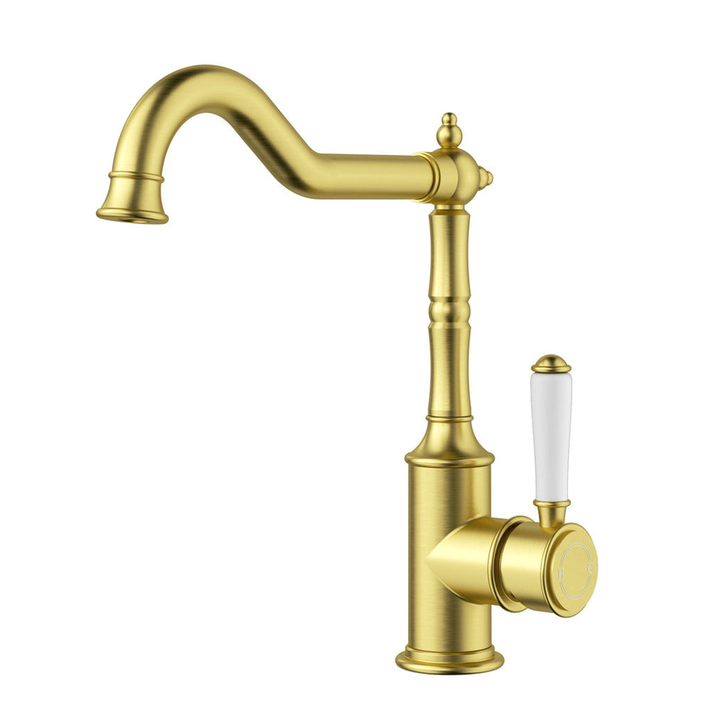 Clasico Vintage Hook Spout Sink Mixer Ceramic handle  in Brushed Gold - HYB868-102A-BG
