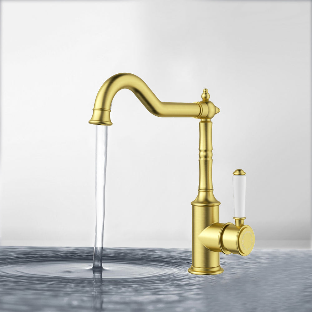 Clasico Vintage Hook Spout Sink Mixer Ceramic handle  in Brushed Gold - HYB868-102A-BG