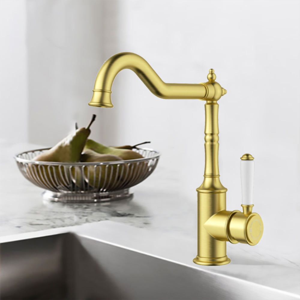 Clasico Vintage Hook Spout Sink Mixer Ceramic handle  in Brushed Gold - HYB868-102A-BG