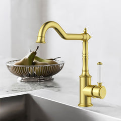 Clasico Vintage Hook Spout Sink Mixer Ceramic handle  in Brushed Gold - HYB868-102A-BG