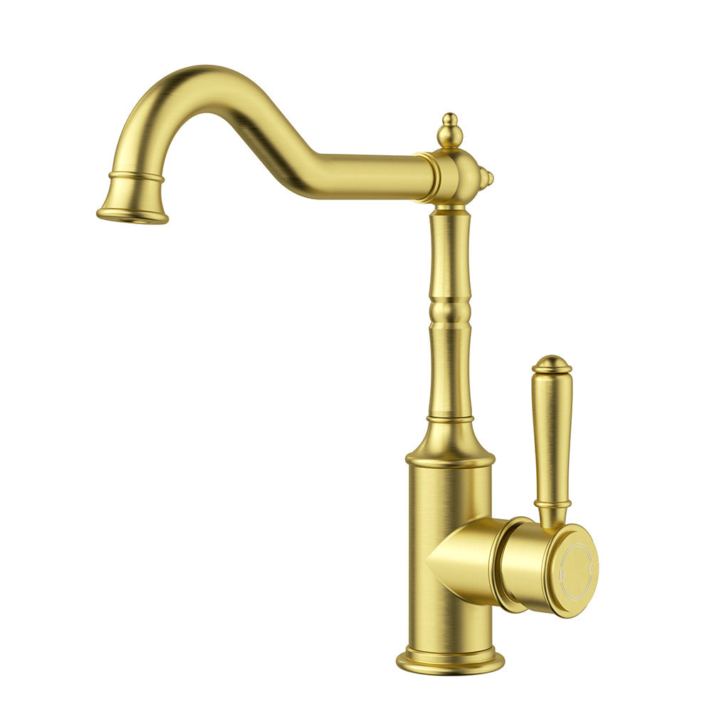 Clasico Vintage Hook Spout Sink Mixer in Brushed Gold - HYB868-102BG