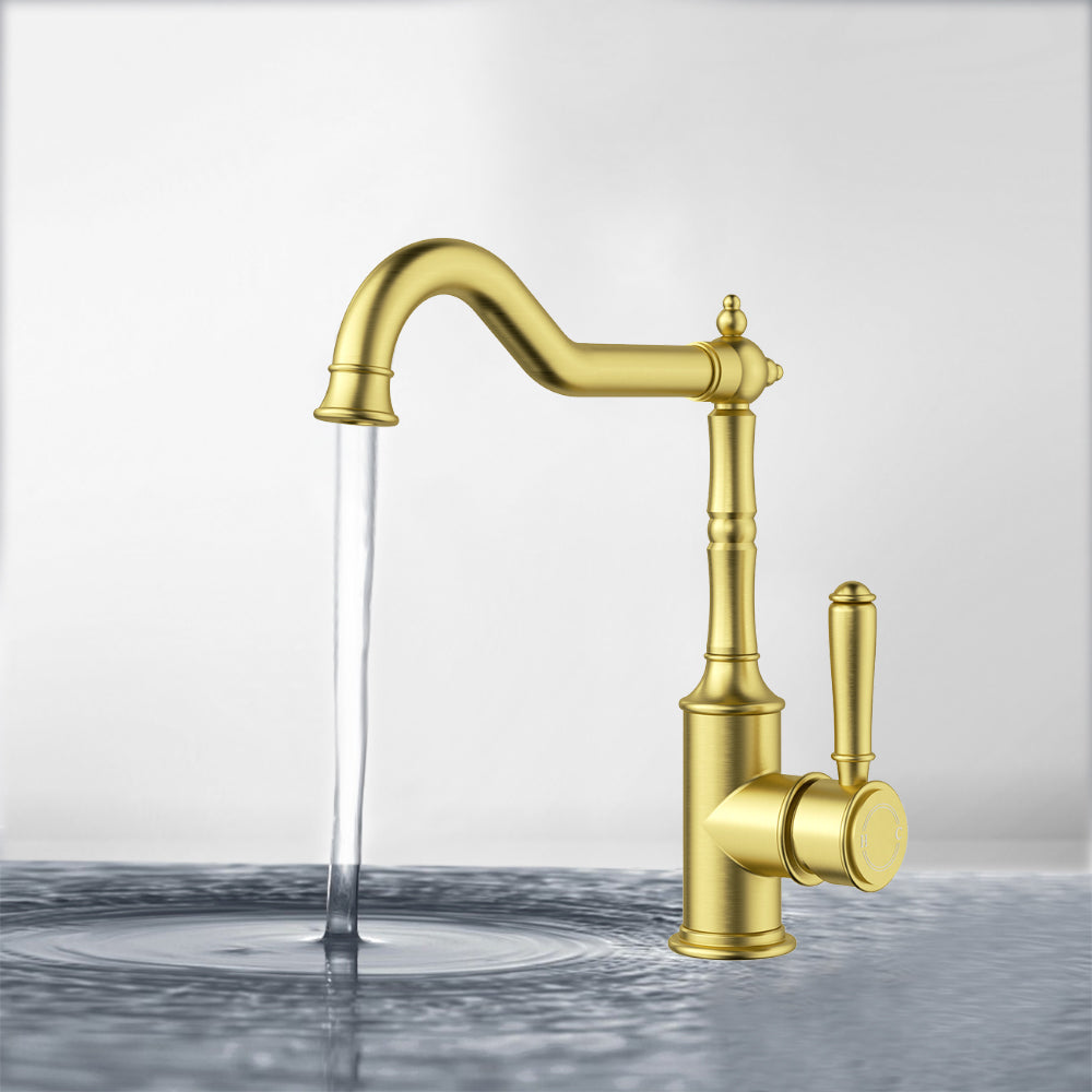 Clasico Vintage Hook Spout Sink Mixer in Brushed Gold - HYB868-102BG