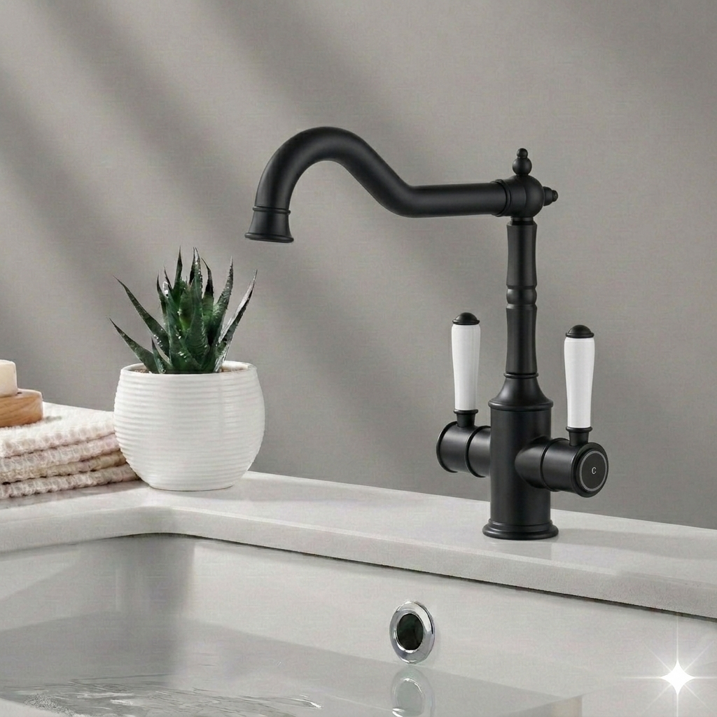 Clasico Twin Handle Gooseneck Sink Mixer Ceramic Handle HYB868-105A-MB