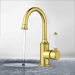 Clasico Gooseneck Basin Mixer Ceramic Handle in Brushed Gold - HYB868-201A-BG