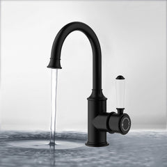 Clasico Gooseneck Basin Mixer Ceramic Handle in Matt Black - HYB868-201A-MB