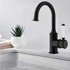 Clasico Gooseneck Basin Mixer Ceramic Handle in Matt Black - HYB868-201A-MB