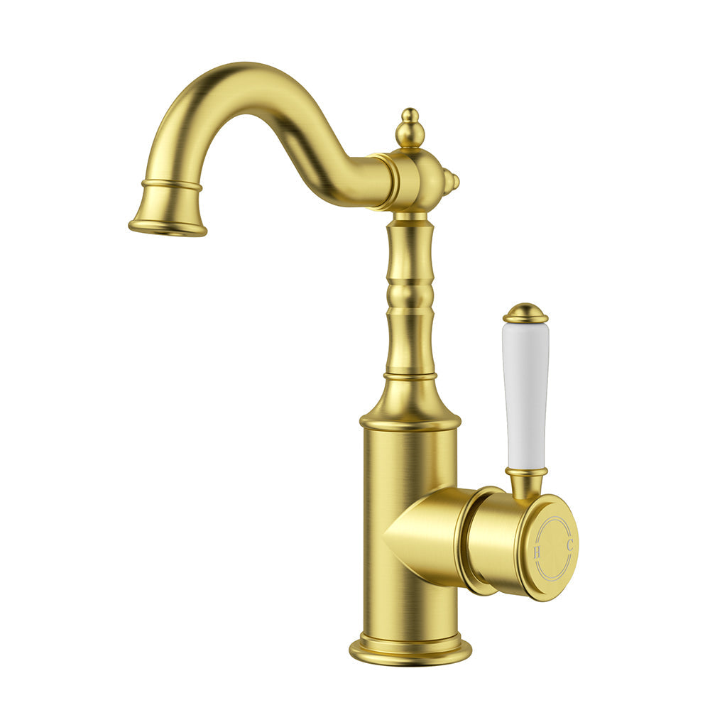 Clasico Basin Mixer with Ceramic White Handle Brushed Gold - HYB868-202A-BG
