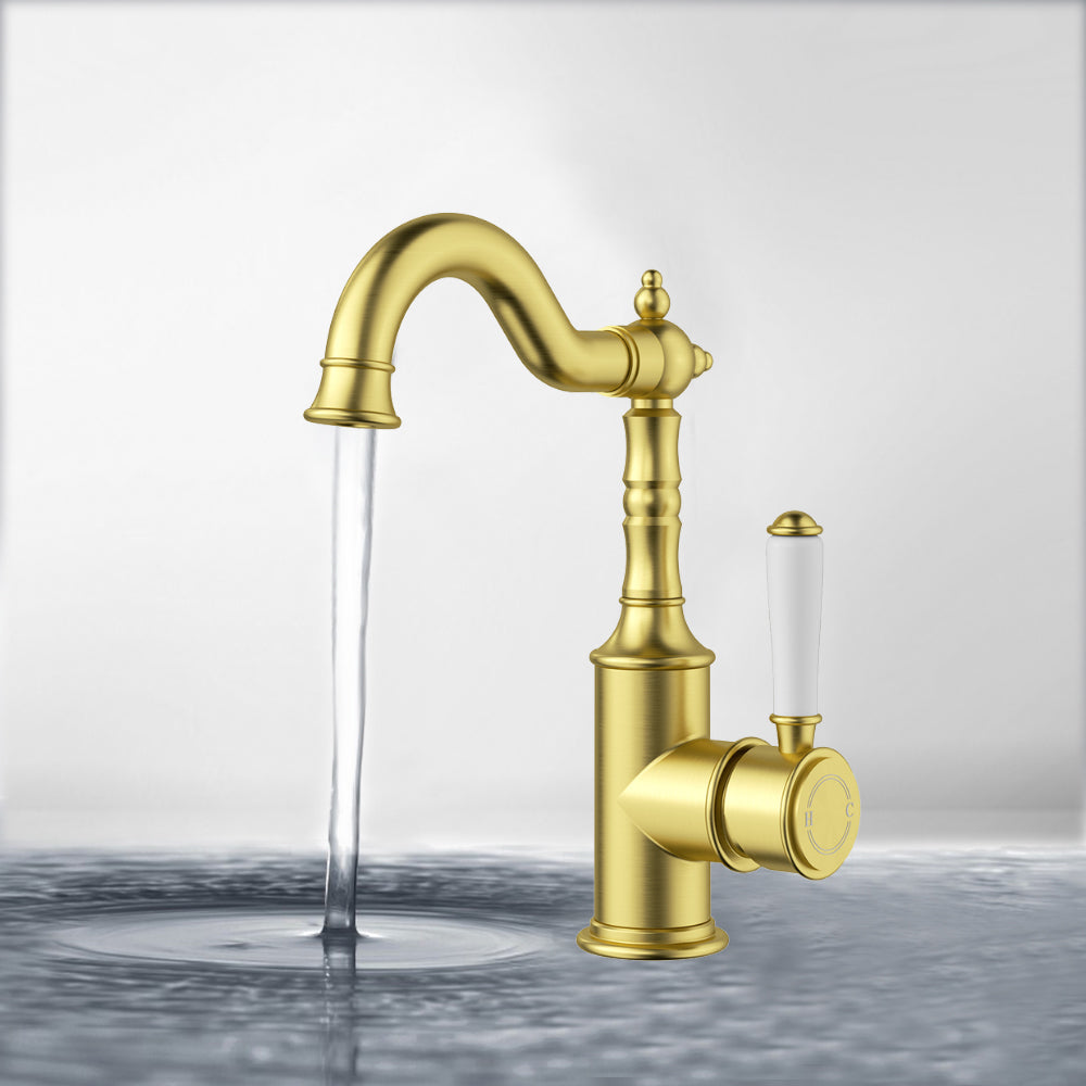 Clasico Basin Mixer with Ceramic White Handle Brushed Gold - HYB868-202A-BG