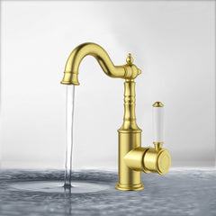 Clasico Basin Mixer with Ceramic White Handle Brushed Gold - HYB868-202A-BG