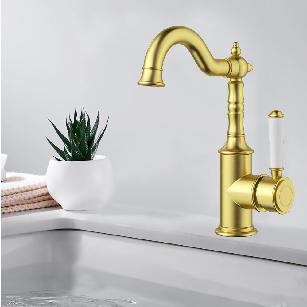 Clasico Basin Mixer with Ceramic White Handle Brushed Gold - HYB868-202A-BG