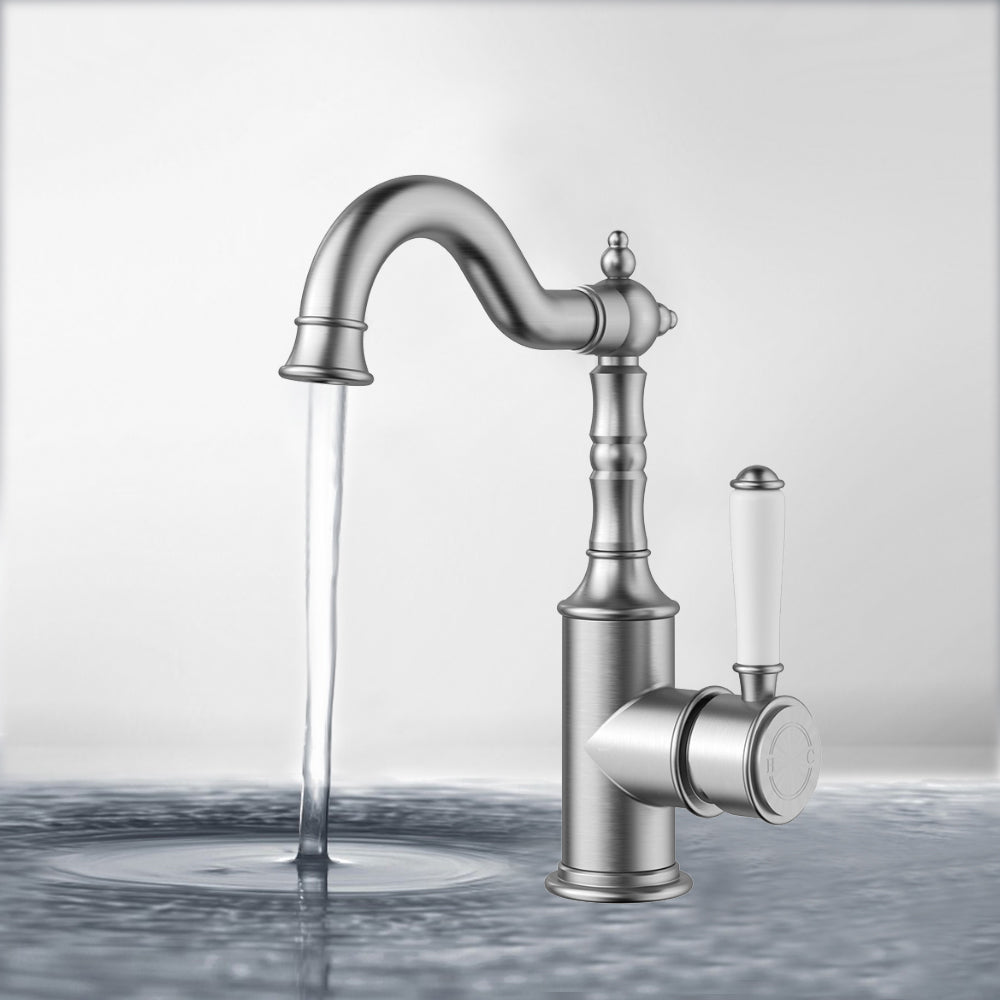 Clasico Basin Mixer with Ceramic White Handle Brushed Nickel - HYB868-202A-BN