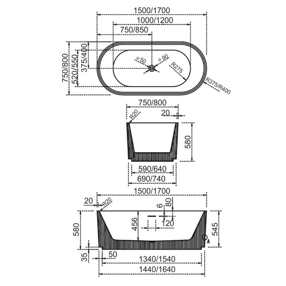 1700mm Fluted H Groove Matt White Freestanding Bath