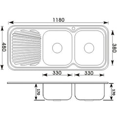 Cora Double Bowl & Single Drainer Kitchen Sink 1180 x 480mm P1180RHB