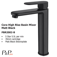 Cora High Rise Basin Mixer Matt Black PBR2002LF-B