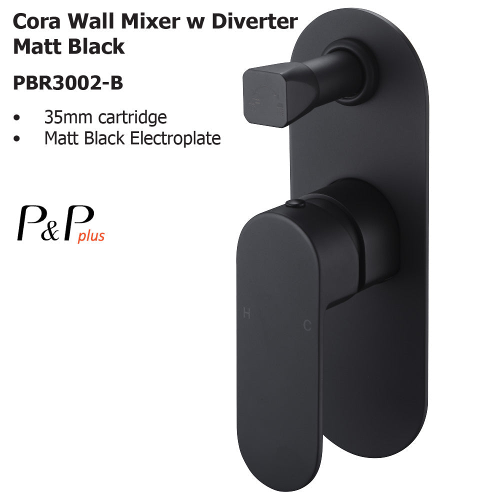 Cora Wall Mixer With Diverter Matt Black PBR3002LF-B