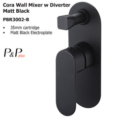 Cora Wall Mixer With Diverter Matt Black PBR3002LF-B