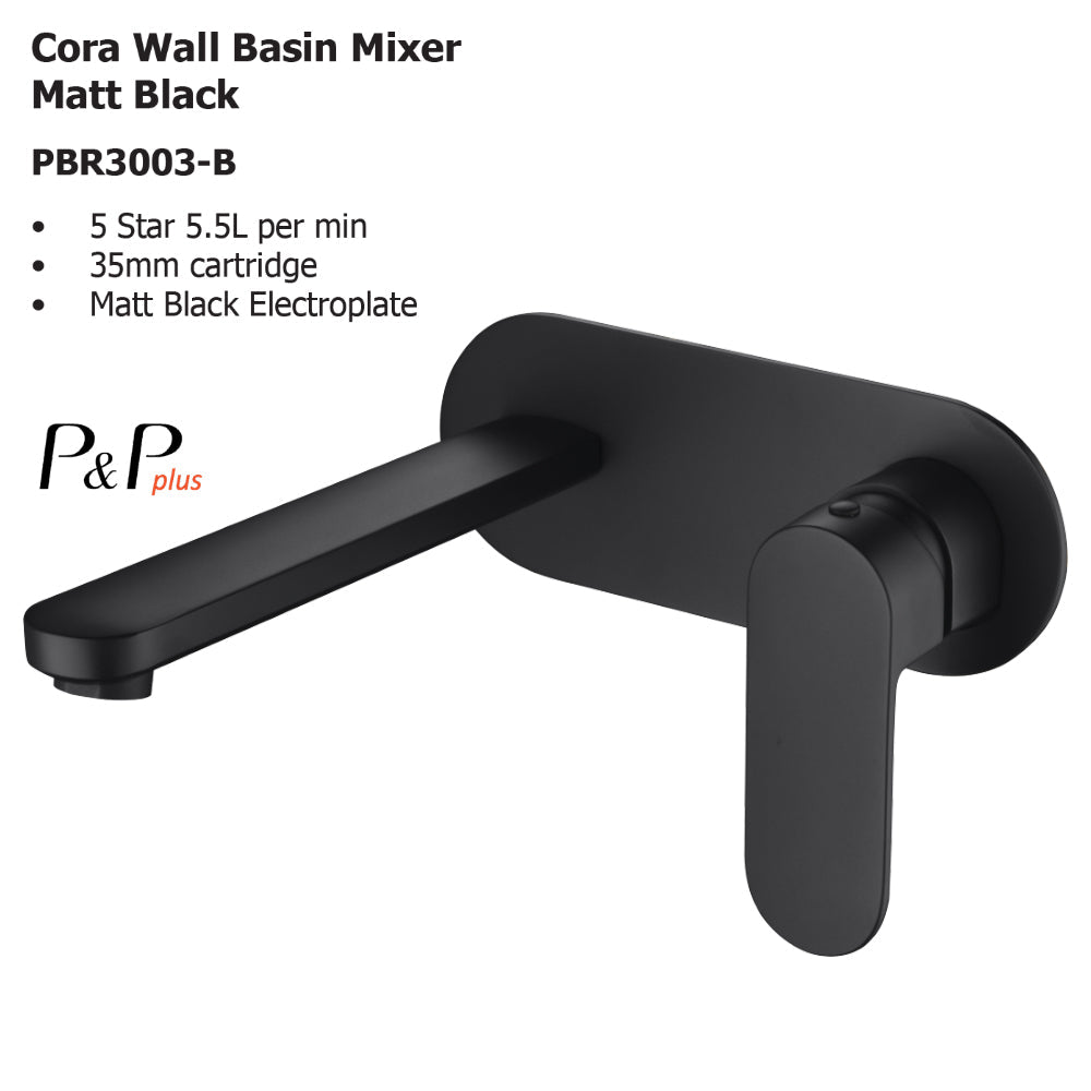Cora Wall Basin Mixer Matt Black PBR3003LF-B