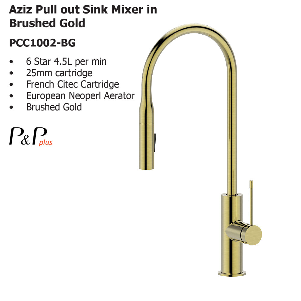 Aziz Pull out Sink Mixer in Brushed Gold PCC1002-BG