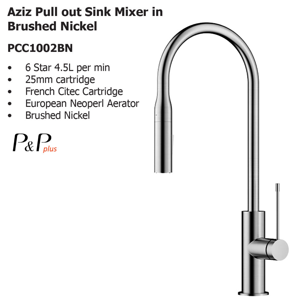 Aziz Pull out Sink Mixer in Brushed Nickel PCC1002BN