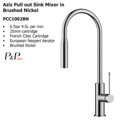 Aziz Pull out Sink Mixer in Brushed Nickel PCC1002BN