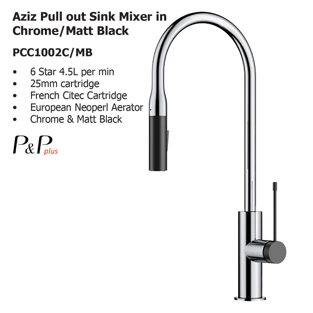 Aziz Pull out Sink Mixer in Chrome/Matt Black PCC1002C/MB