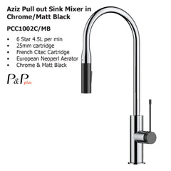 Aziz Pull out Sink Mixer in Chrome/Matt Black PCC1002C/MB