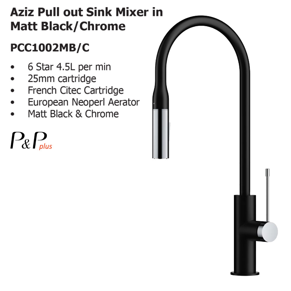 Aziz Pull out Sink Mixer in Matt Black/Chrome PCC1002MB/C