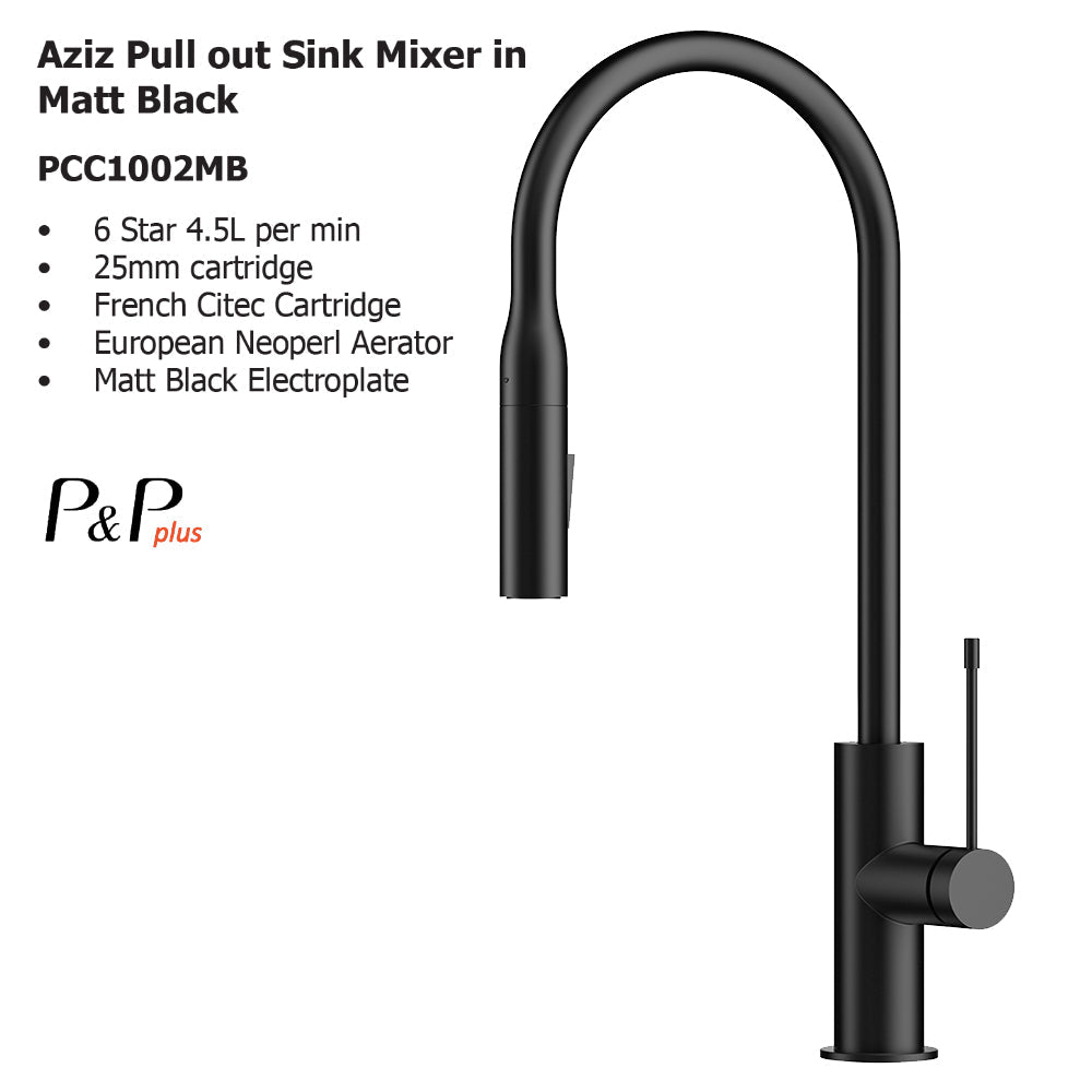 Aziz Pull out Sink Mixer in Matt Black PCC1002MB