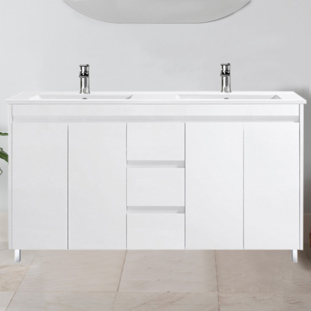 Double Bowl Freestanding White Bathroom Vanity PVC1500DT