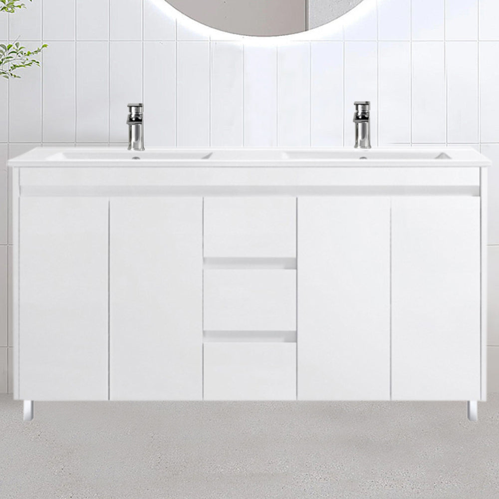 Double Bowl Freestanding White Bathroom Vanity PVC1500DT