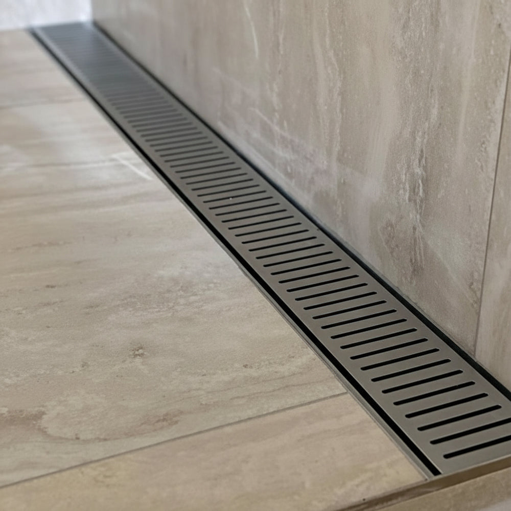 Aluminium Slimline Shower Grate Drain Brush Nickel 300-3000x100x21mm