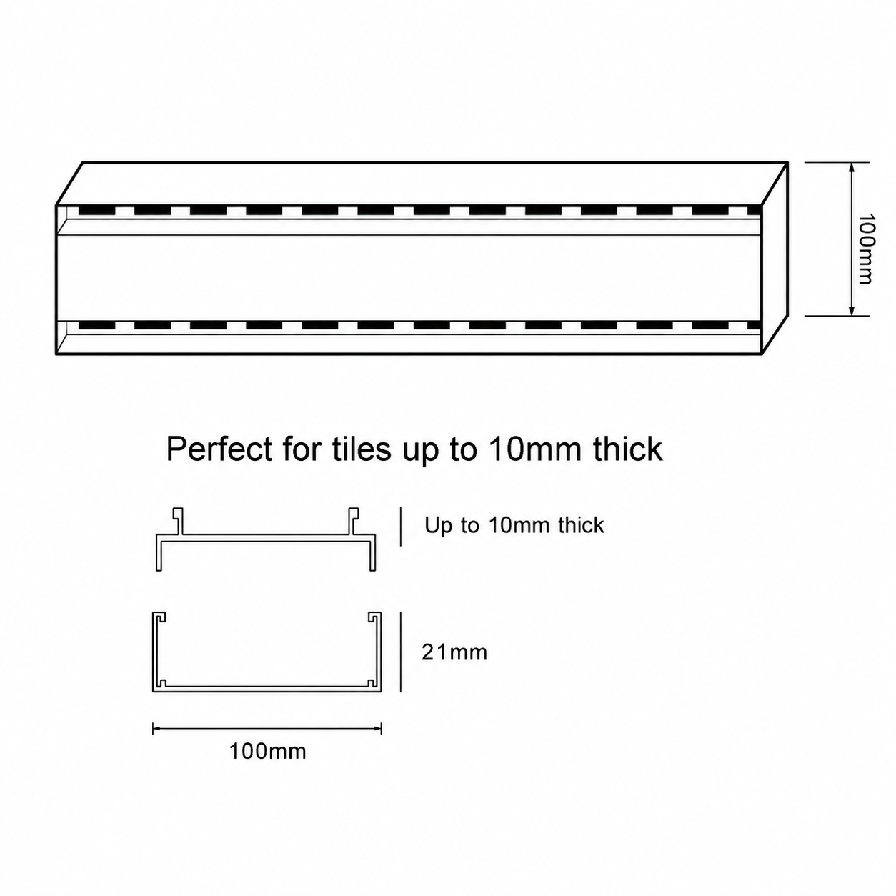Aluminium Slimline Tile Insert Shower Drain Matt Black 300-3000x100x21mm